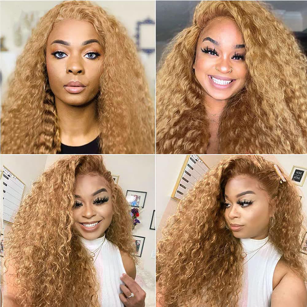 Honey Blonde Human Hair Bundles 14 16 18 Inch Kinky Curly Wave Bundles Human Hair Unprocessed Native Virgin Hair 100/PC 3 Extensions #27 Blonde Color Wet and Wavy Human Hair Extensions for Women