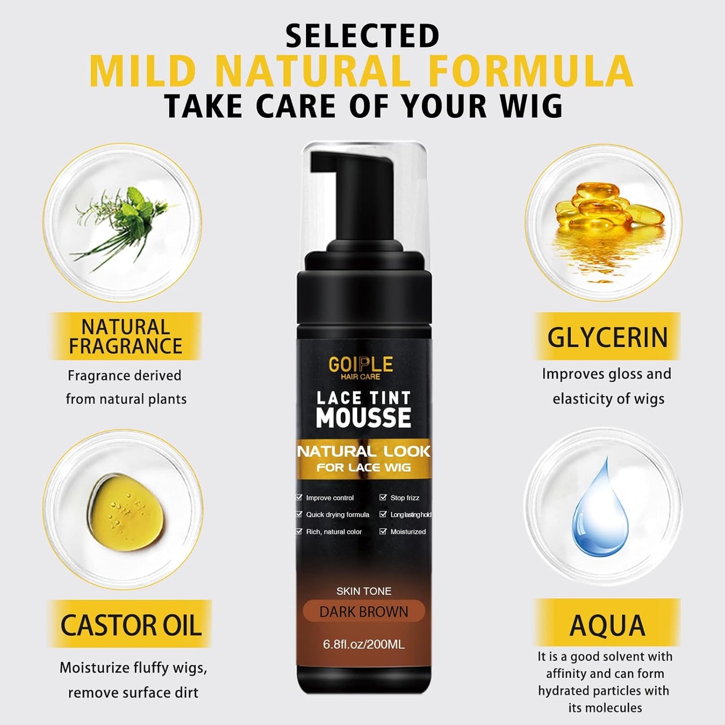 Lace Tint Melting Hair Mousse, 6.8 fl oz Lace Tint Mousse for Women Hair Wig Lace Wigs Toupees and Hairpieces Natural Finishing Lace Color, Lace Tint Mousse for Wigs Melts Lace Foam Tint(Medium Brown)