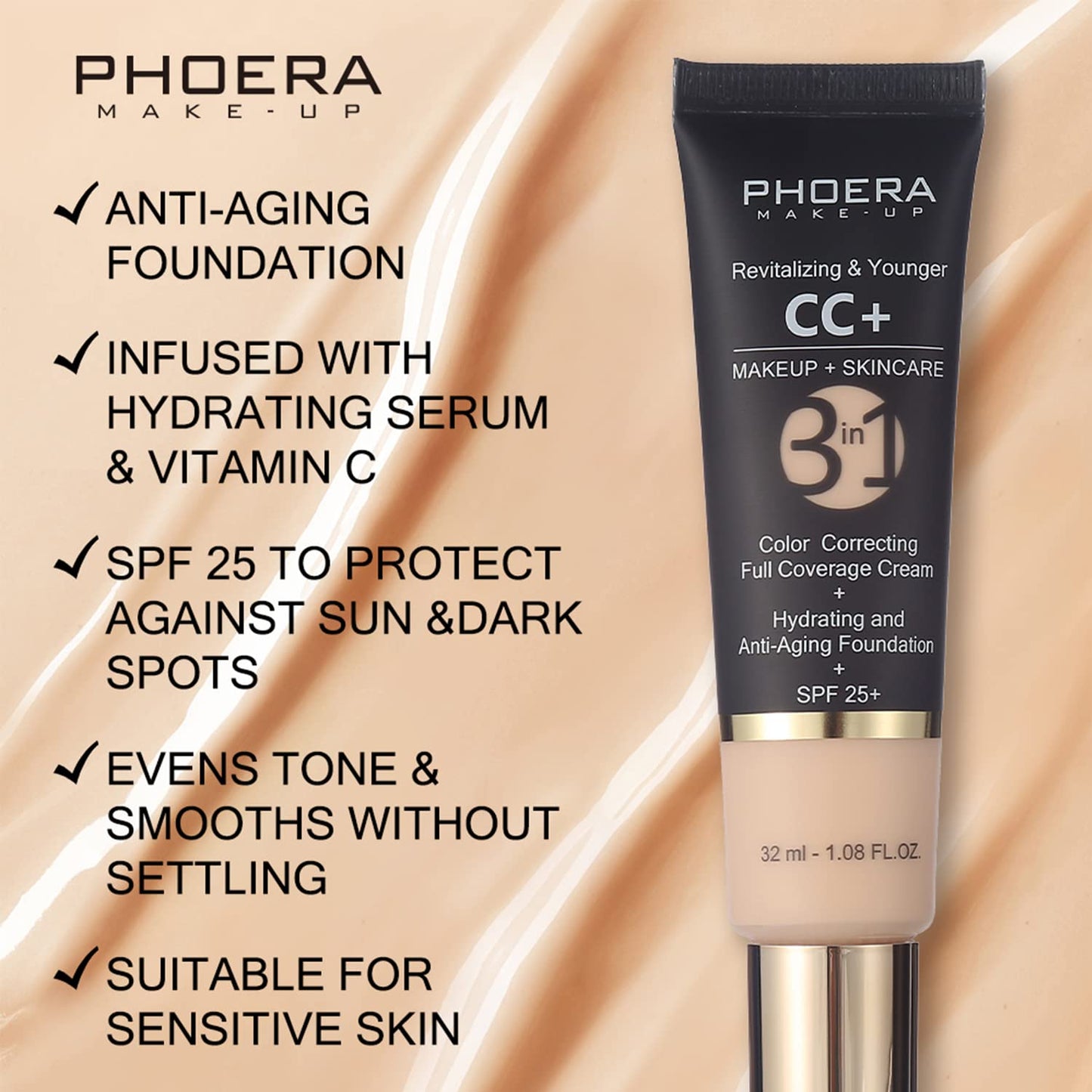 PHOERA CC Cream Foundation With SPF,PHOERA Full Coverage Foundation Color Correcting Cream,Anti Aging Hydrating Serum & SPF 25+ Sunscreen Natural Finish1.08 floz (120 Nude+140 Buff Beige)