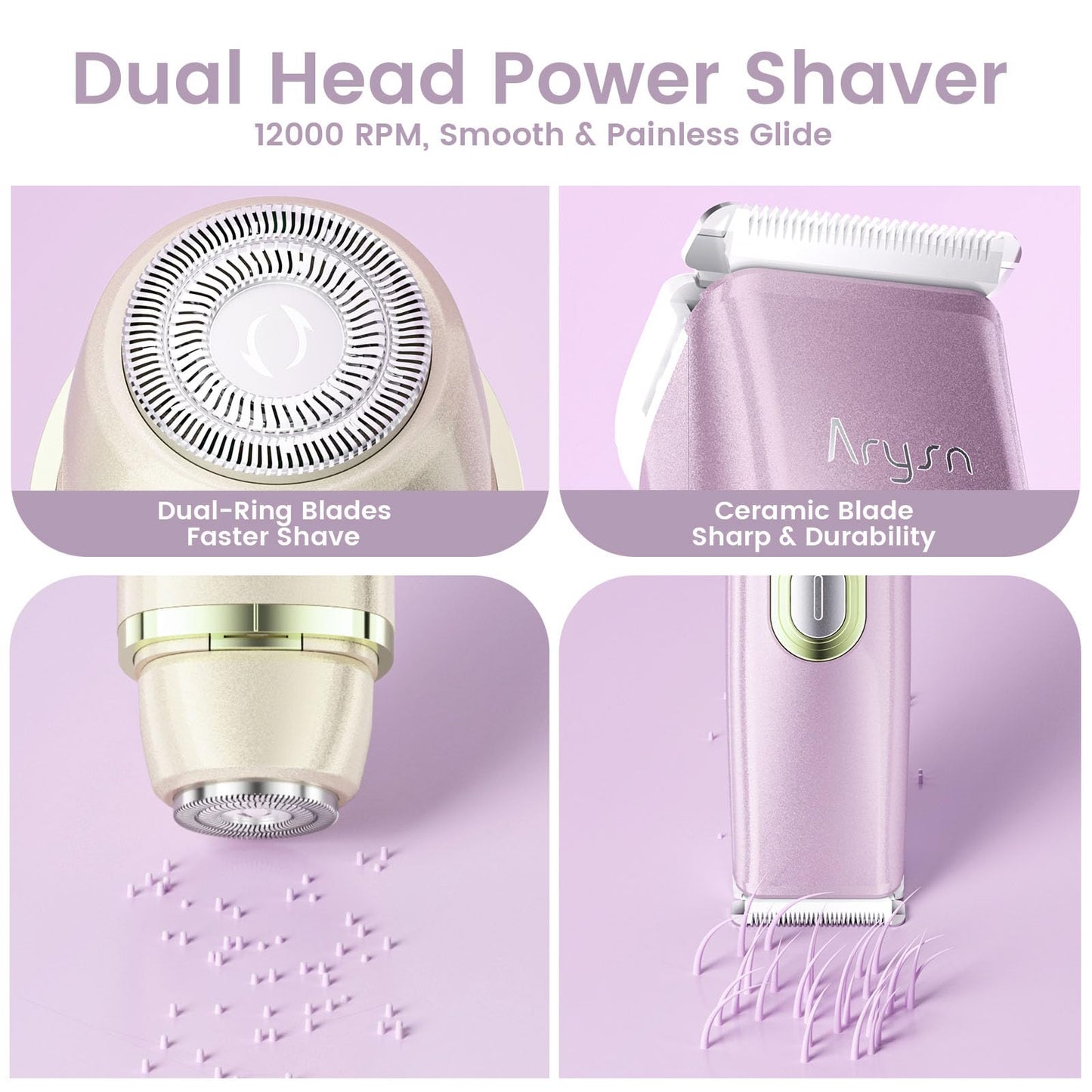 Arysn Bikini Trimmer for Women, 2 in 1 Dual Head Rechargeable Electric Shaver, Painless Pubic Hair Trimmer for Underarm Leg Arm Body Face– IPX7 Waterproof & Travel-Friendly, GoldPurple
