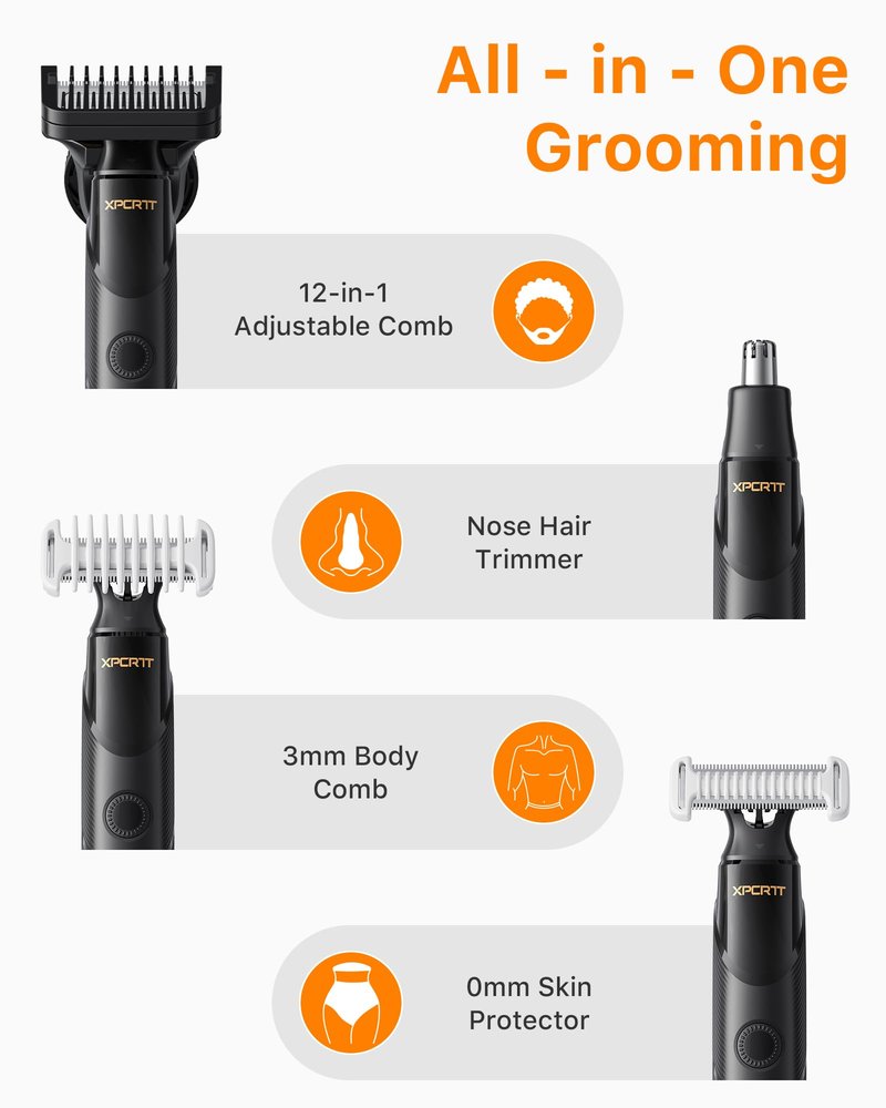[2026 Upgraded] Beard & Nose Hair Trimmer Kit, [All-in-One] 12 in 1 Rotating Comb, Travel Body Hair Electric Shaver for Men, USB-C Fast Charging, Painless Razor Waterproof Wet/Dry, Black(Pack)