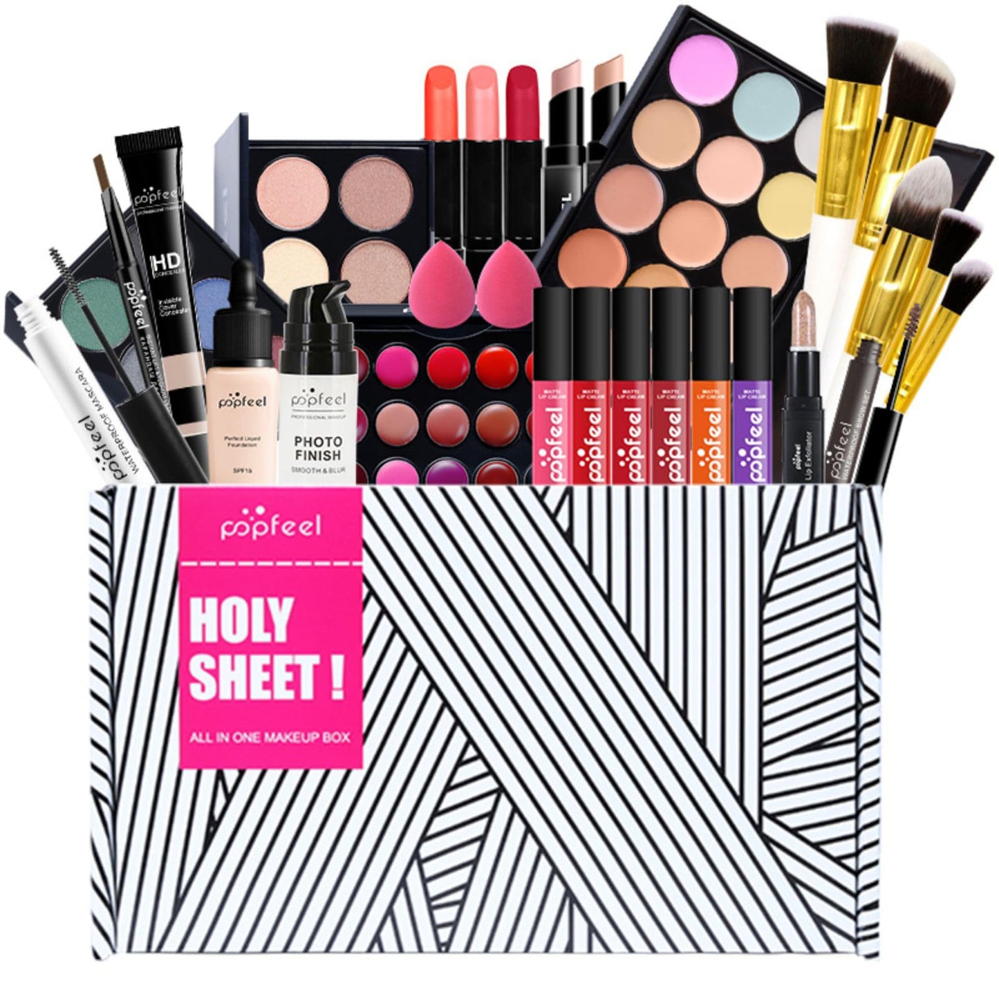 Pure Vie All-in-One Holiday Gift Surprise Makeup Set Essential Starter Bundle Include Eyeshadow Palette Lipstick Concealer Blush Mascara Eyeliner Face Powder Lipgloss Brush - Full Makeup Kit for Women
