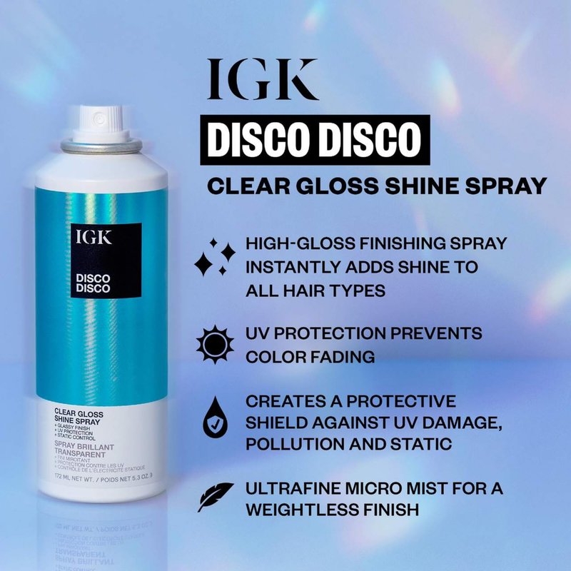 IGK Disco Disco Travel Size Clear Gloss Shine Spray | Weightless Glassy Shine with a Soft Non-Greasy Finish | UV Protection Finishing Spray | 2.1 Oz