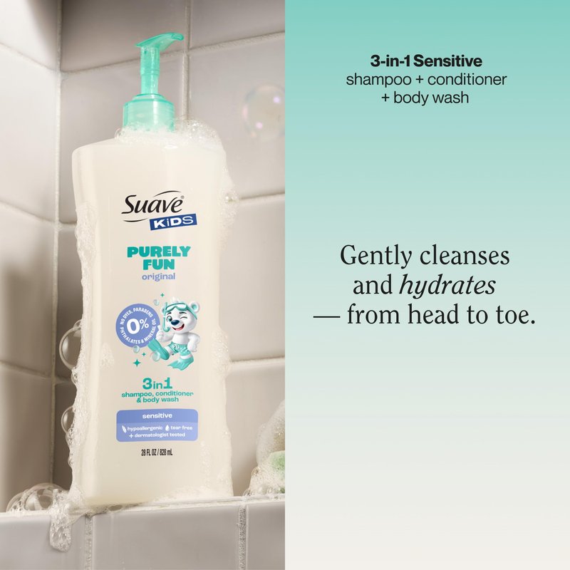Suave Kids Purely Fun 3 in 1 Shampoo, Conditioner & Body Wash, Original Clean Scent, Hypoallergenic, Tear-Free Formula, Dermatologist Tested, 4 Count, 28 FL OZ