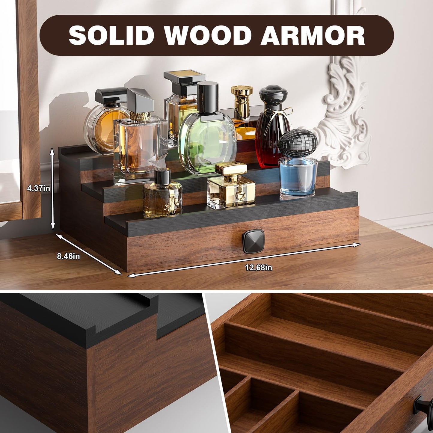 TIRYIUOU Cologne Organizer for Men: with Hidden Vault & Drawer, 3 Tier Wooden Cologne Stand Desktop Perfume Display Shelf, Bedroom Dresser Makeup Lotion Jewelry Storage Organizer ﻿