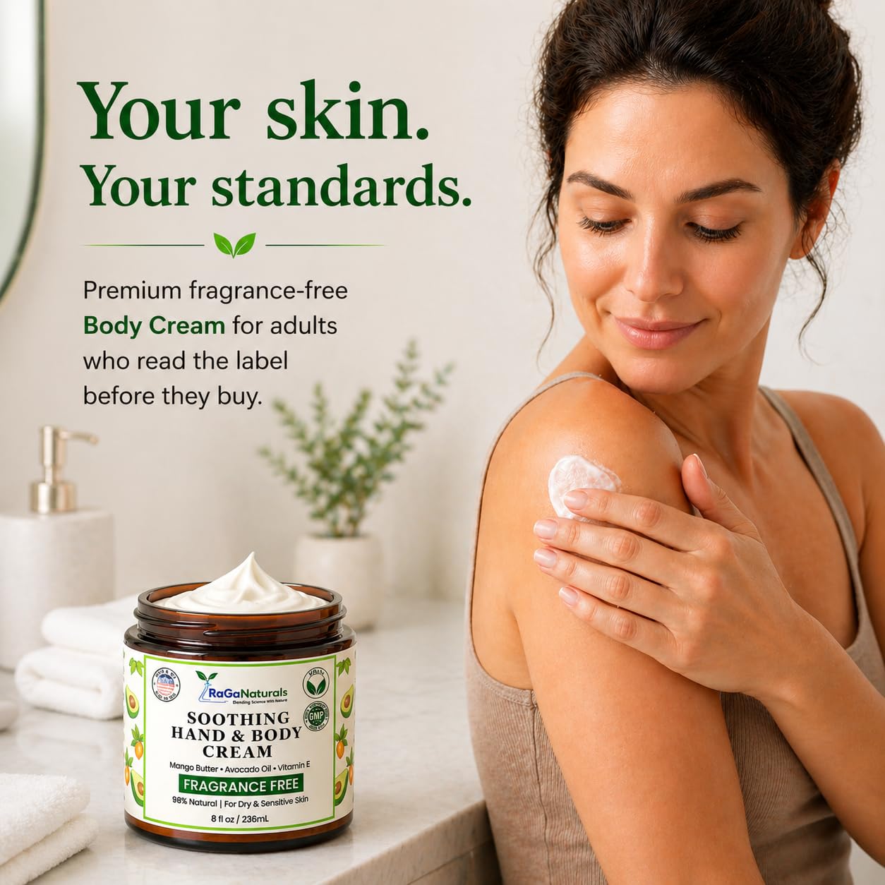 RaGaNaturals Fragrance Free Natural Hand and Body Cream - Moisturizer for Dry, Sensitive & Eczema-Prone Skin -Mango Butter, Argan Oil, Vitamin E -Unscented Non-Comedogenic Lotion for Women & Men -8 oz