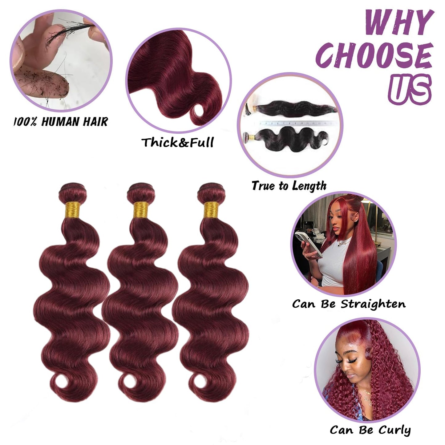 99J Burgundy Human Hair Bundles Body Wave 24 Inch 12A Wine Red Double Weft Brazilian Bundles Human Hair Extensions 1 Pack