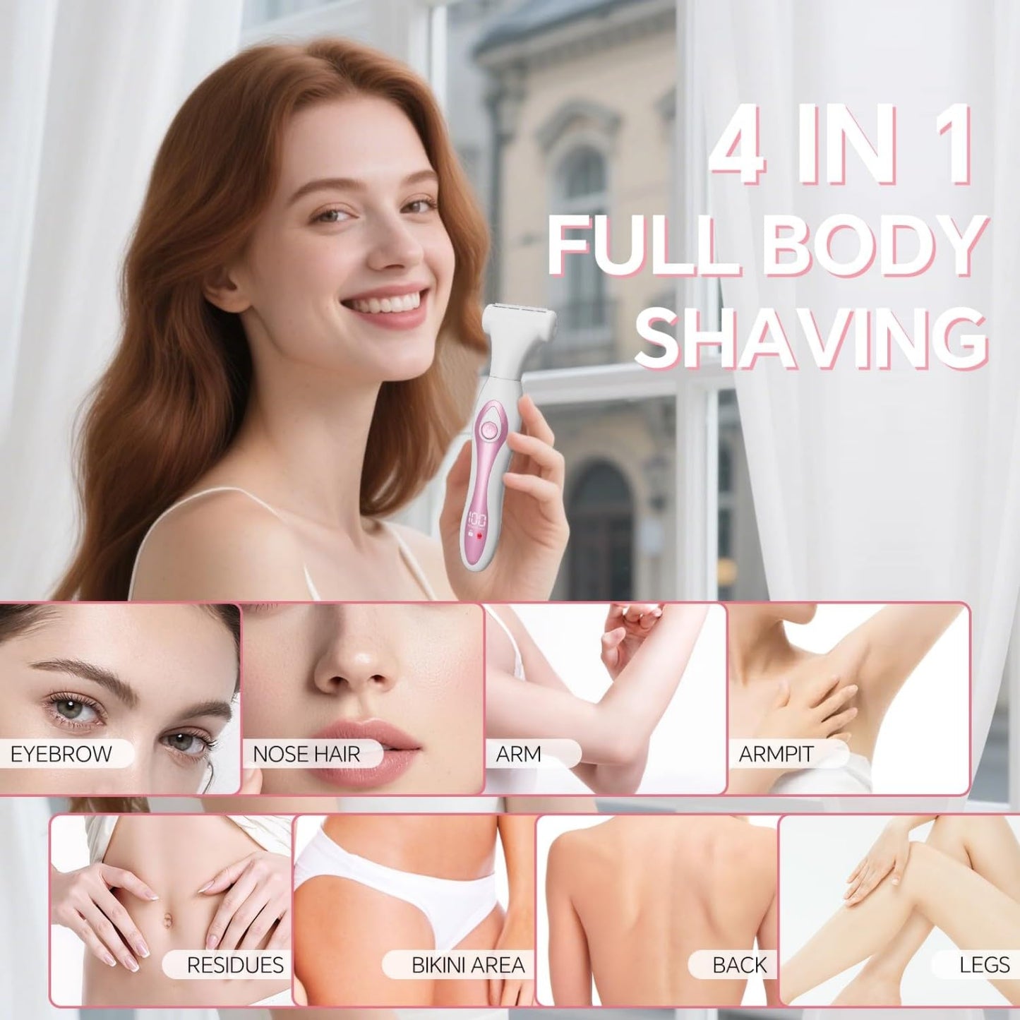SilkGlow Bikini Trimmer Electric Razor for Women, 4-in-1 Rechargeable, Pink