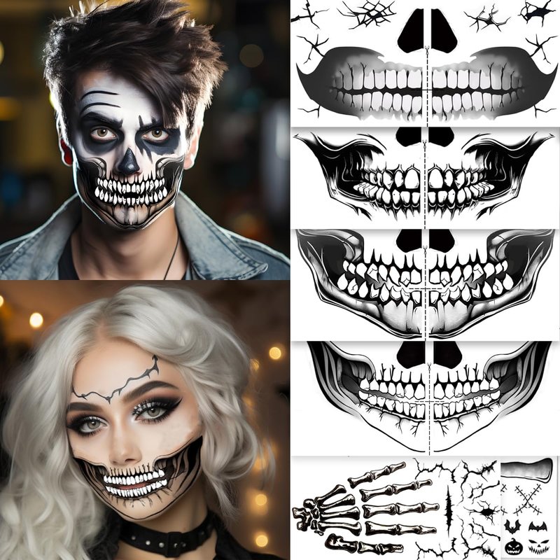 ENYACOS Skeleton Face Tattoo - Halloween Temporary Skull Tattoos, Mouth Stickers for Face, Costumes and Accessories for Men and Women (A)