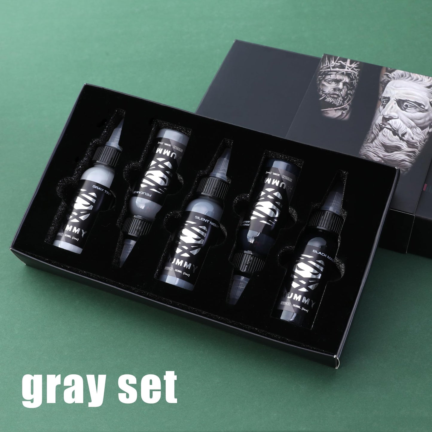 Mummy Grey Series Tattoo Ink Set - 5 Bottles (1 oz Each) Includes: Black Magic, Knight's Armor, Silent Night, Pelican Gray, Gray Tint