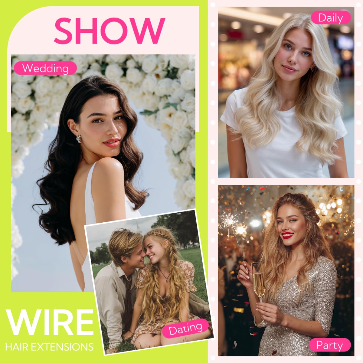 HOTBANANA Wire Extensions for Women, 12 Inch 70g Ash Tone Light Blonde Highlighted Golden Blonde, Invisible Fish Line Wire Hair Extensions Real Human Hair
