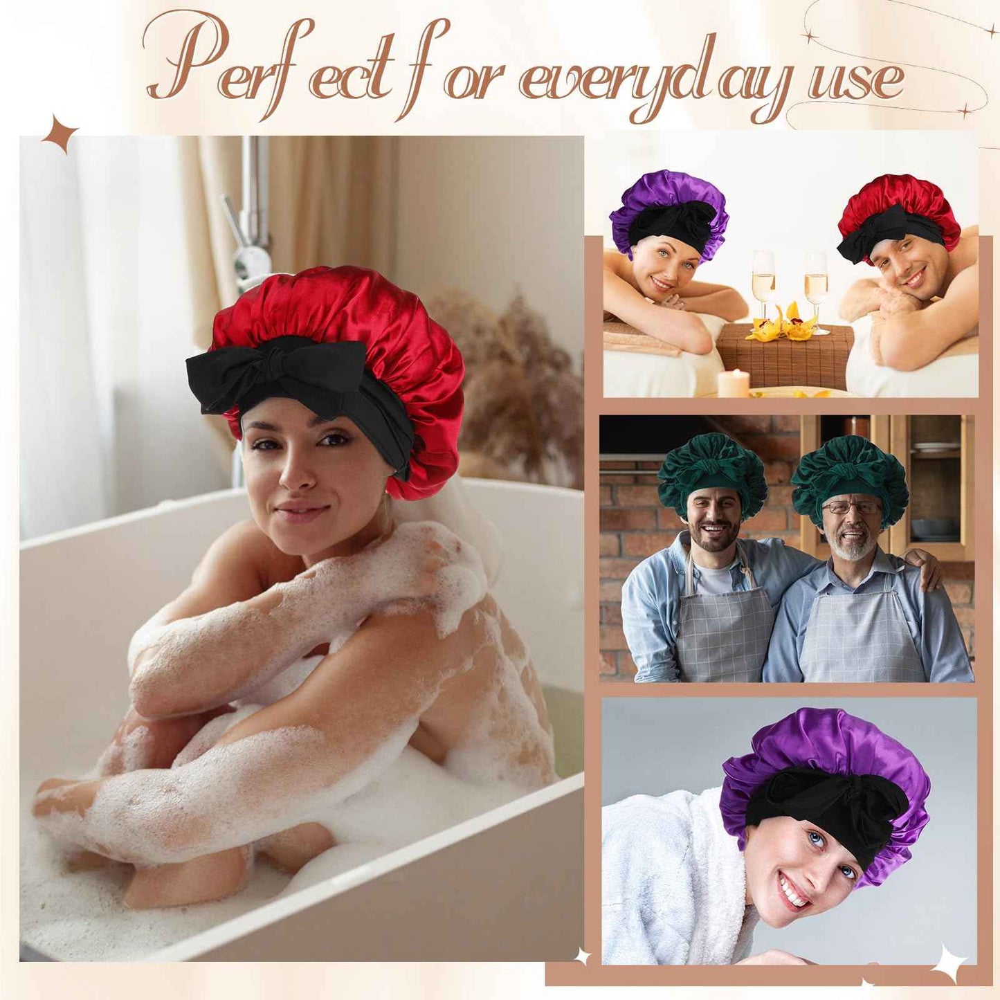 JaGely 4 Pcs Satin Bonnet for Women Tie Hair Bonnet for Sleeping Large 2 Layered Silk Cap With 8 Pcs Hair Scrunchies Double Layer Satin Bonnets (Dark Color)