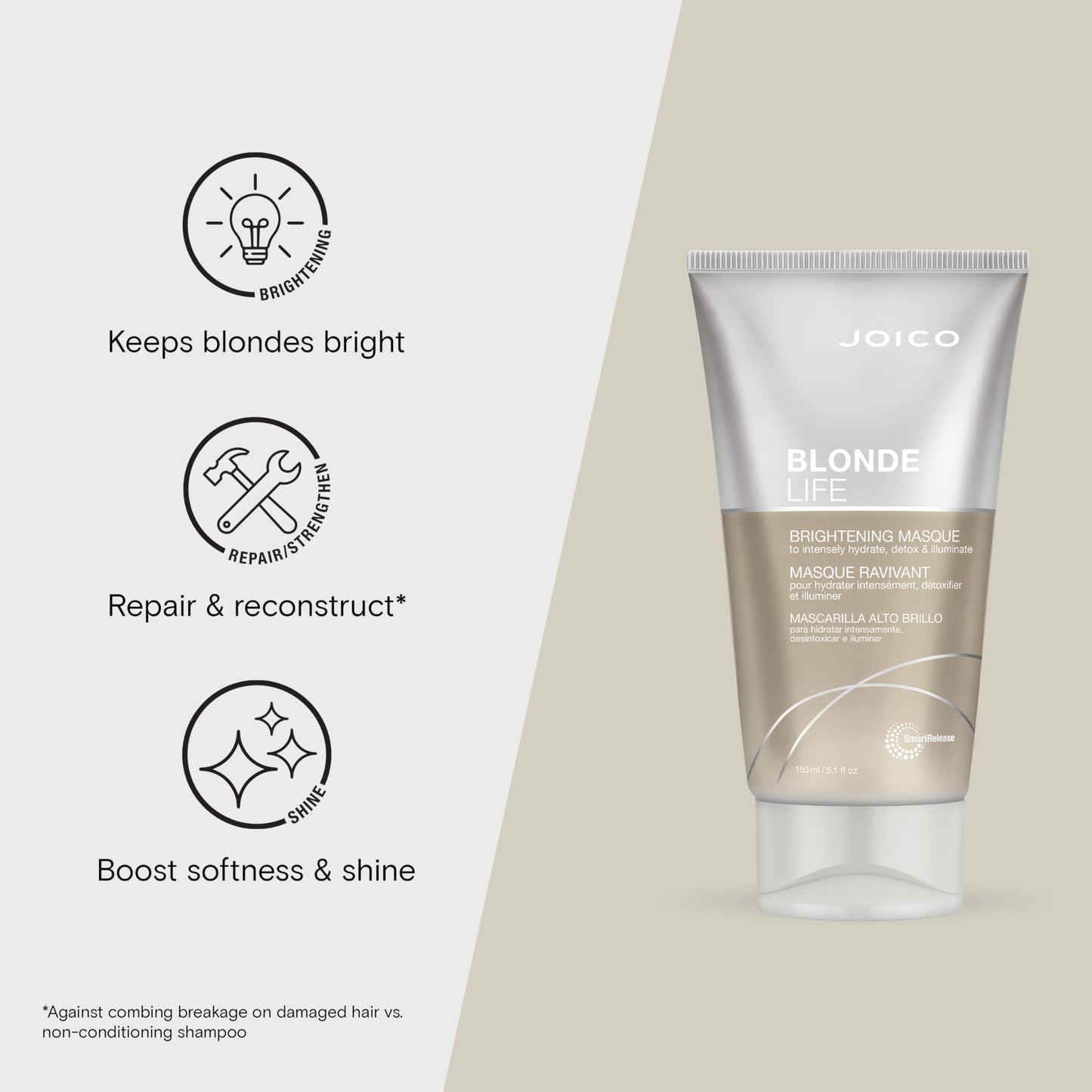 Joico Blonde Life Brightening Masque | For Blonde Hair | Instant Hydration | Neutralize Chlorine & Detoxify Hair | Add Softness & Smoothness | Sulfate Free | With Monoi & Tamanu Oil | 5.1 Fl Oz
