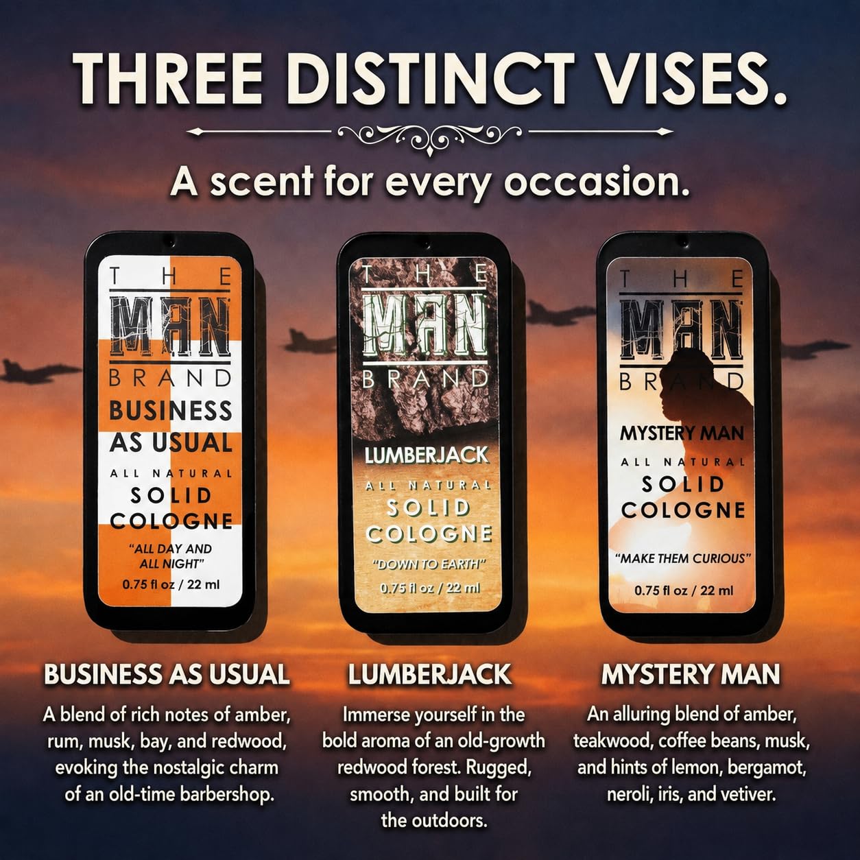 The Man Brand Solid Cologne Sample Set of 3 with Business As Usual, Lumberjack, and Mystery Man Wax Cologne - Mens Travel Size Perfume Sampler Set (The Triad - 3 Pack - 0.75 oz each)