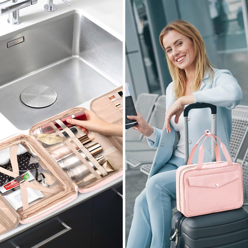 wskvoker Hanging Travel Toiletry Bag for Men, Large Makeup Bag for Women, Water-resistant PU Leather Dopp Kit Shaving Bag For Full Sized Toiletries,Cosmetics Travel Organizer for Accessories (pink)