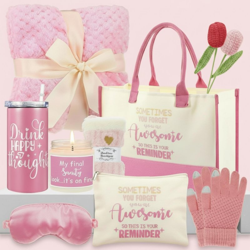 Zopeal Mother's Day Set Appreciation Gift for Women 10 Pcs Self Care Gift Feel Better Soon Gifts Package with Tote Bag Makeup Bag Sock Tumbler Flower Gloves Candle Blanket Eye Mask for Mom Wife