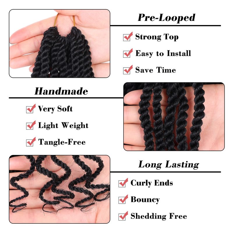 Leeven 8 Packs Wavy Senegalese Twist Crochet Hair with Curly Ends, 8 Inch Black Pre Looped Short Crochet Braids, Pre Twisted Small Havana Twist, Synthetic Braiding Hair for Women Girl Kids