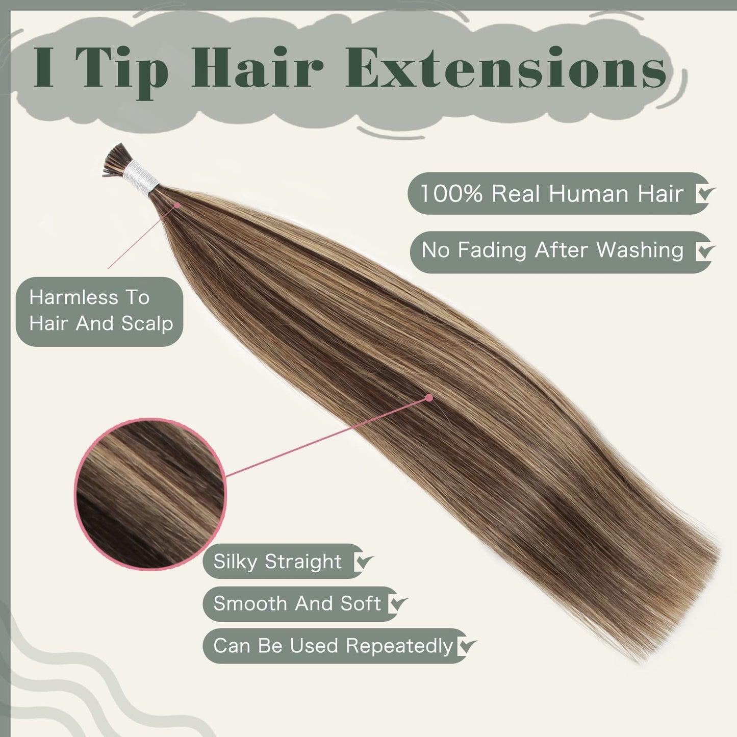 Sixstarhair Itip Hair Extensions Human Hair I Tip Extensions Chocolate Brown Highlighted Caramel Blonde Color 4/27 Cold Fusion Keratin Hair Extensions 14 Inch 50g/Pack 100Strands