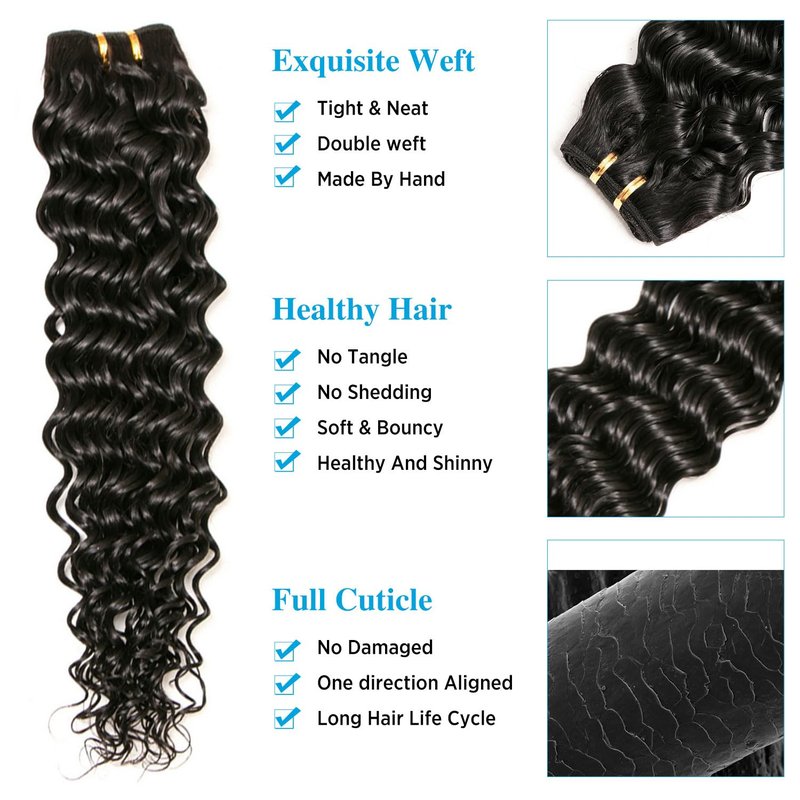Deep Wave Bundles, Curly Bundles Human Hair, 10 12 14 Inch, Wet and Wavy, Natural Black, Soft, 285g-300g, Brazilian Hair