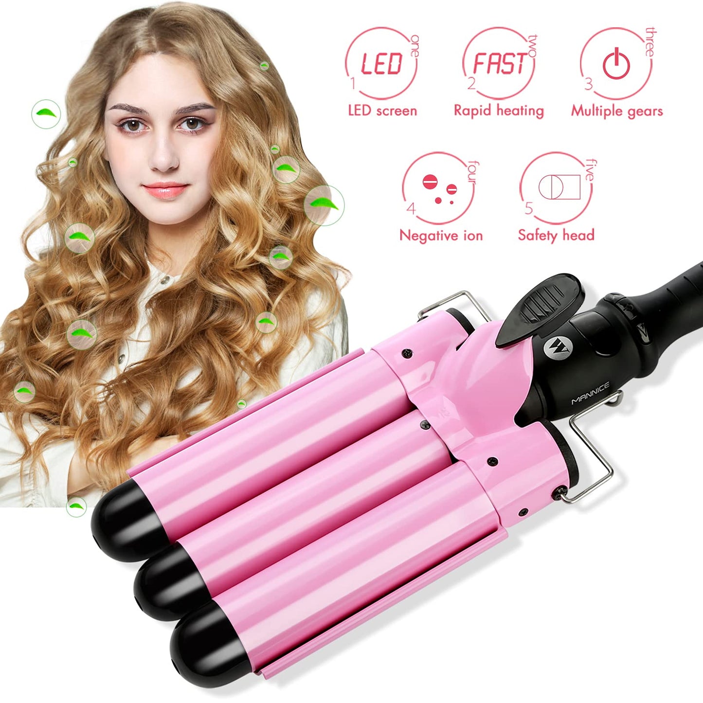 SOMOYA 3 Barrel Curling Iron, 1 Inch Hair Waver with LCD Display, Temperature Adjustable Ceramic Beach Hair Waver Wand for Women (1.26Inch, Pink)
