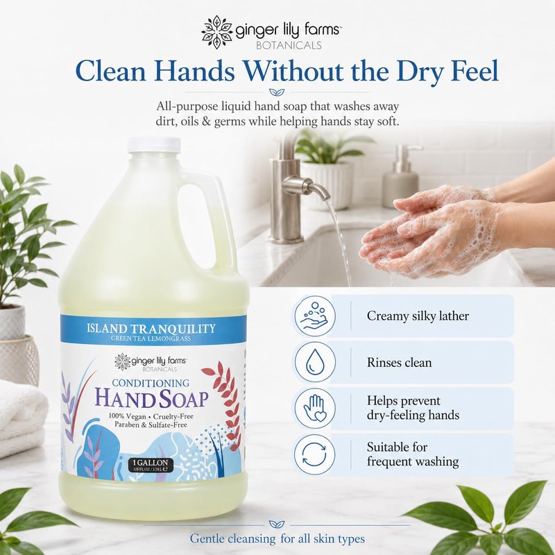 Ginger Lily Farms Botanicals All-Purpose Liquid Hand Soap Refill, Island Tranquility, 100% Vegan & Cruelty-Free, Green Tea Lemongrass Scent, 1 Gallon (128 fl oz)
