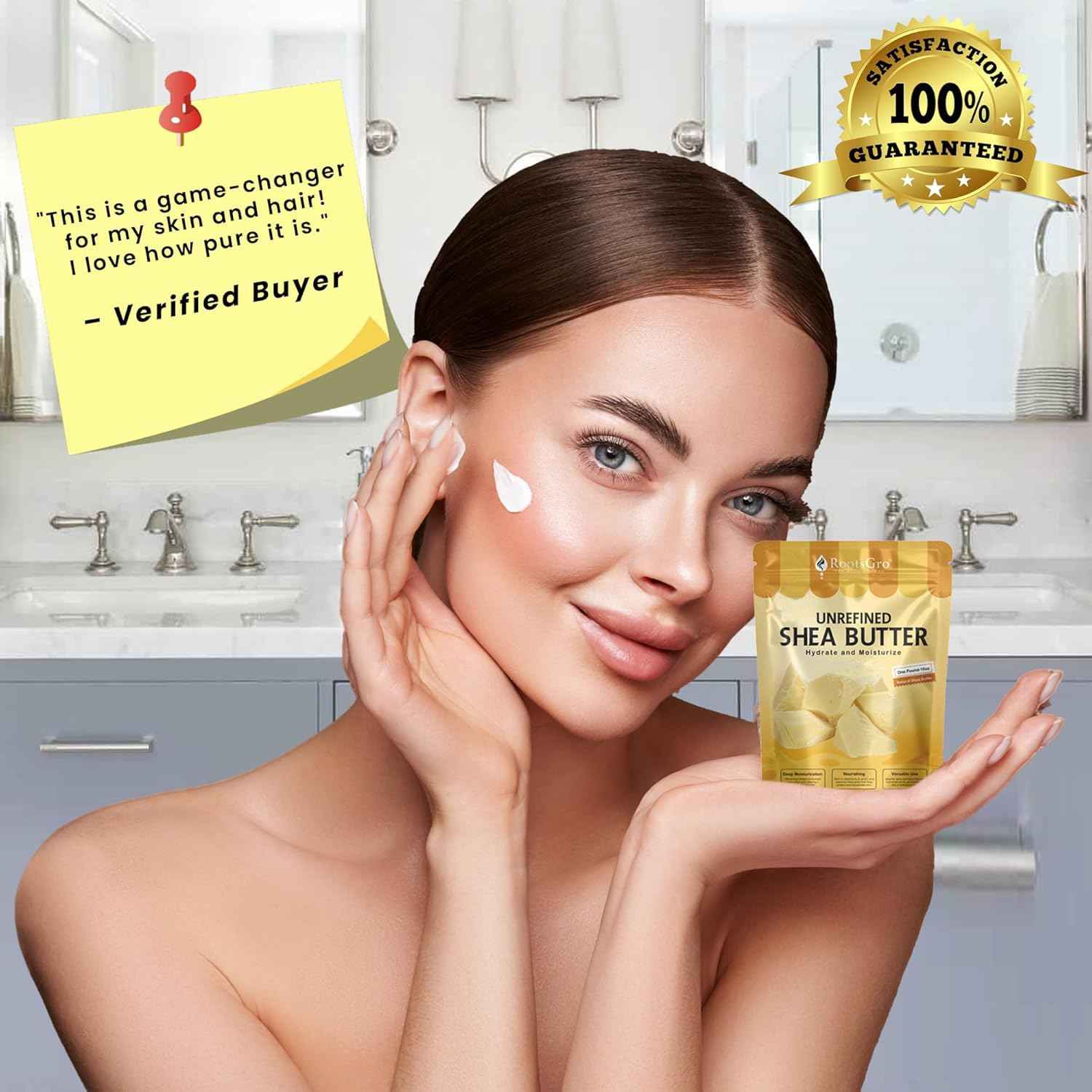 RootsGro Unrefined Raw Shea Butter 16 Oz, Unprocessed Shea Butter, Moisturizer for Skin & Hair, Maximum Potency with Essential Nutrients, Nourishing, Vitamin-Rich, Non-Greasy - Suitable for All