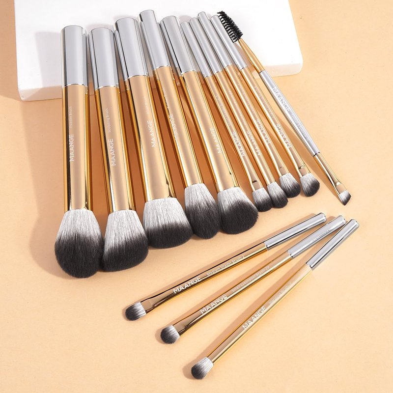Premium Synthetic Makeup Brush Set - 13 PCS Travel Brushes with Case | Gold & Silver