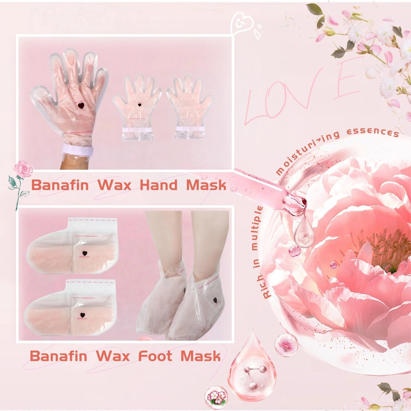 4 Pairs Paraffin Wax Gloves & Socks Set，Spa and Home Paraffin Wax for Hand and feet，Rose