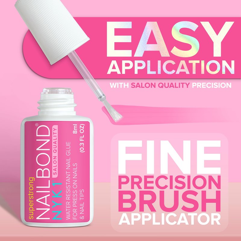 Super Strong Nail Glue for Press On Nails, Nail Tips & Acrylic Nails (8ml) NYK1 NailBond Brush On Glue for Press Ons, Tips & Acrylics - Long Lasting, Maximum Strength, Mess-Free Application