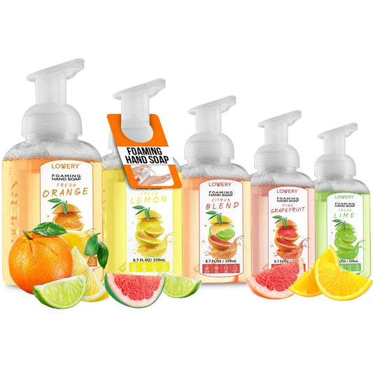 Foaming Hand Soap Pump - 5-PK - Moisturizing Hand Soap Foam with Aloe Vera & Essential Oils - Alcohol-Free Hand Wash in Citrus Blend, Lemon, Orange, Lime, Grapefruit Fragrances for Kitchen & Bathroom