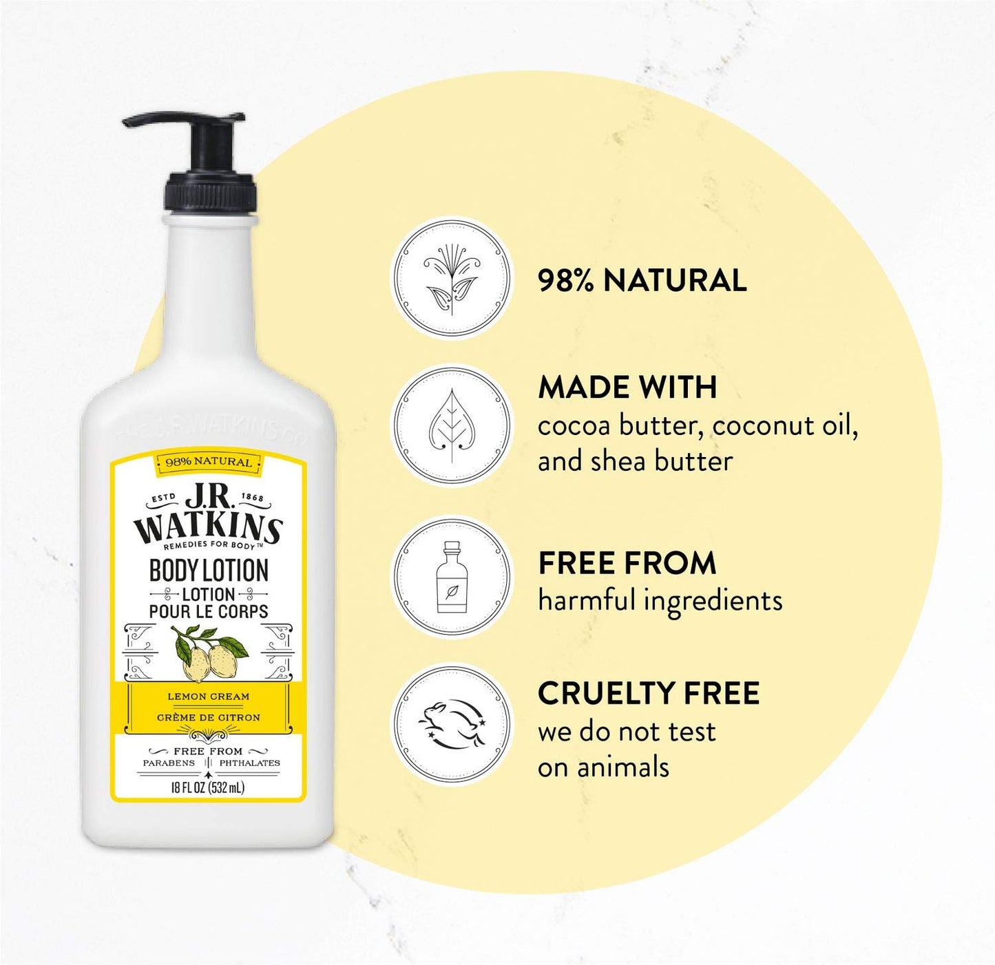 J.R. Watkins Daily Moisturizing Lotion – Body Cream in Pump Dispenser – Hydrating Skin Cream Made with Shea Butter, Cocoa Butter, Coconut Oil & Vitamin E, Lemon Cream, 18 fl oz