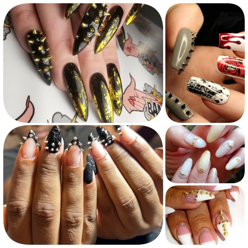 OPMADM 2 Box Goth Nail Charms Punk Metal Nails Studs Square Cone Spike Gold White Gold Silver Black Accessories