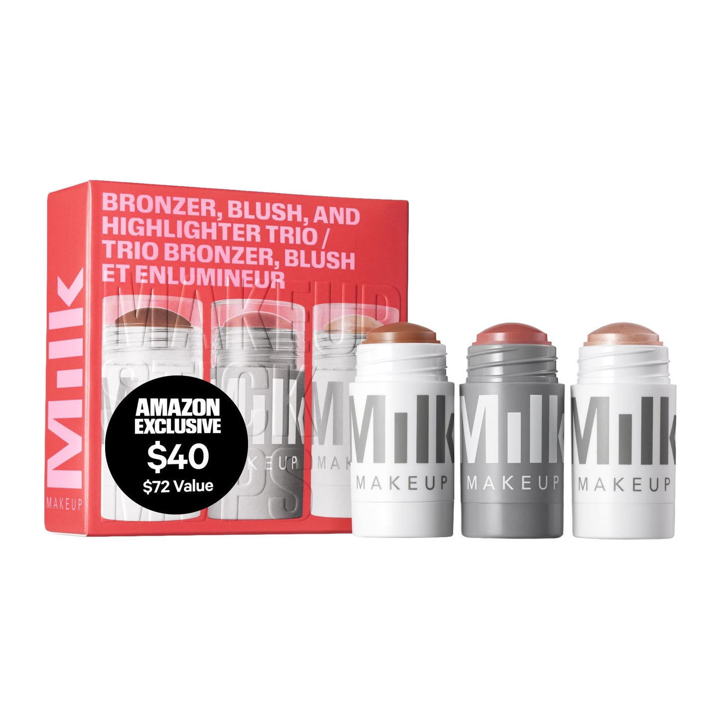 Milk Makeup Bronzer, Blush + Highlighter Full Size Trio – Bronzer in Baked .19oz, Cream Blush + Lip Color in Werk (Dusty Rose) .21oz + Highlighter Stick in Lit (Champagne) .21oz – Hydrating Formulas