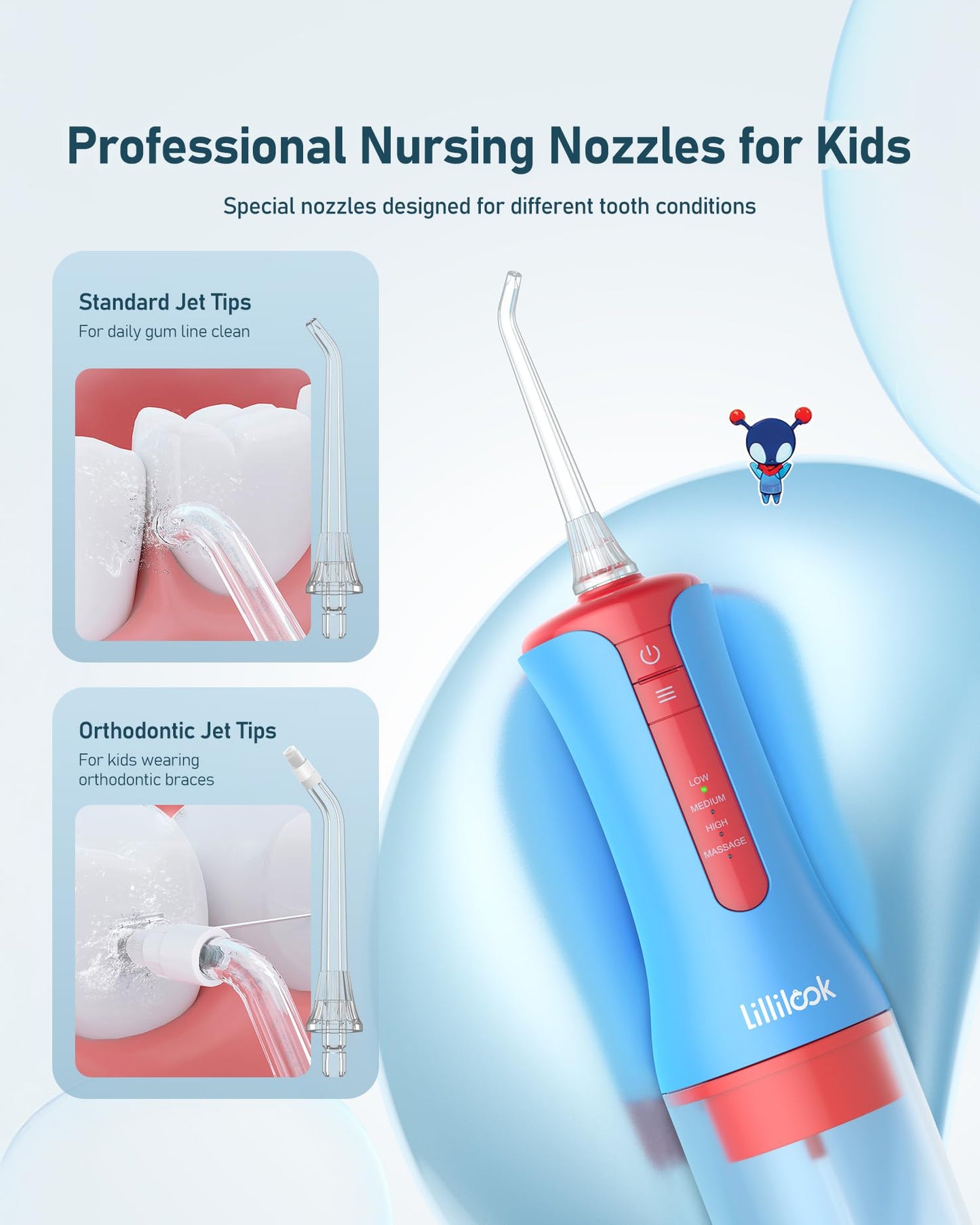 Lillilook Kids Water Flosser Blue, Rechargeable Oral Irrigator for Kids Aged 6+, 4 Modes, 3 Jet Tips, Fun Stickers, Safe and Gentle Oral Care