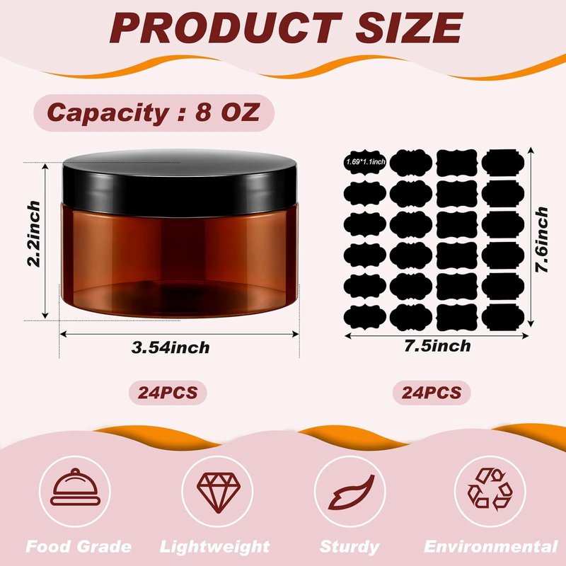 24 Pcs 8 oz Amber Plastic Jar Containers - Refillable Round PET Jars for Lotion, Cream, Makeup Storage | Ideal for Travel