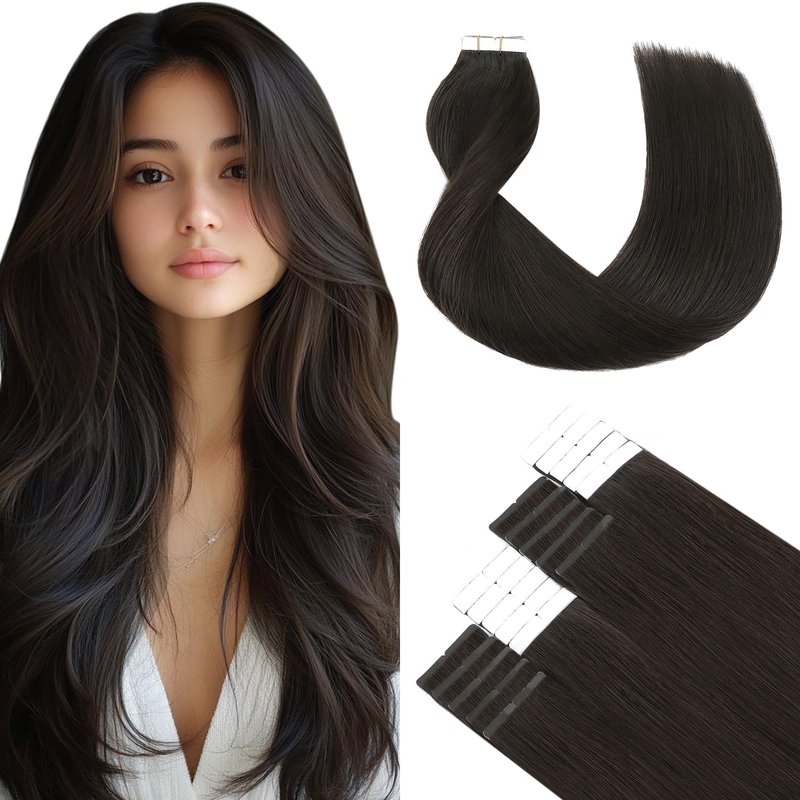 Tape In Hair Extensions - 16 Inch Human Hair - Darkest Brown - 20 Pcs, 50g