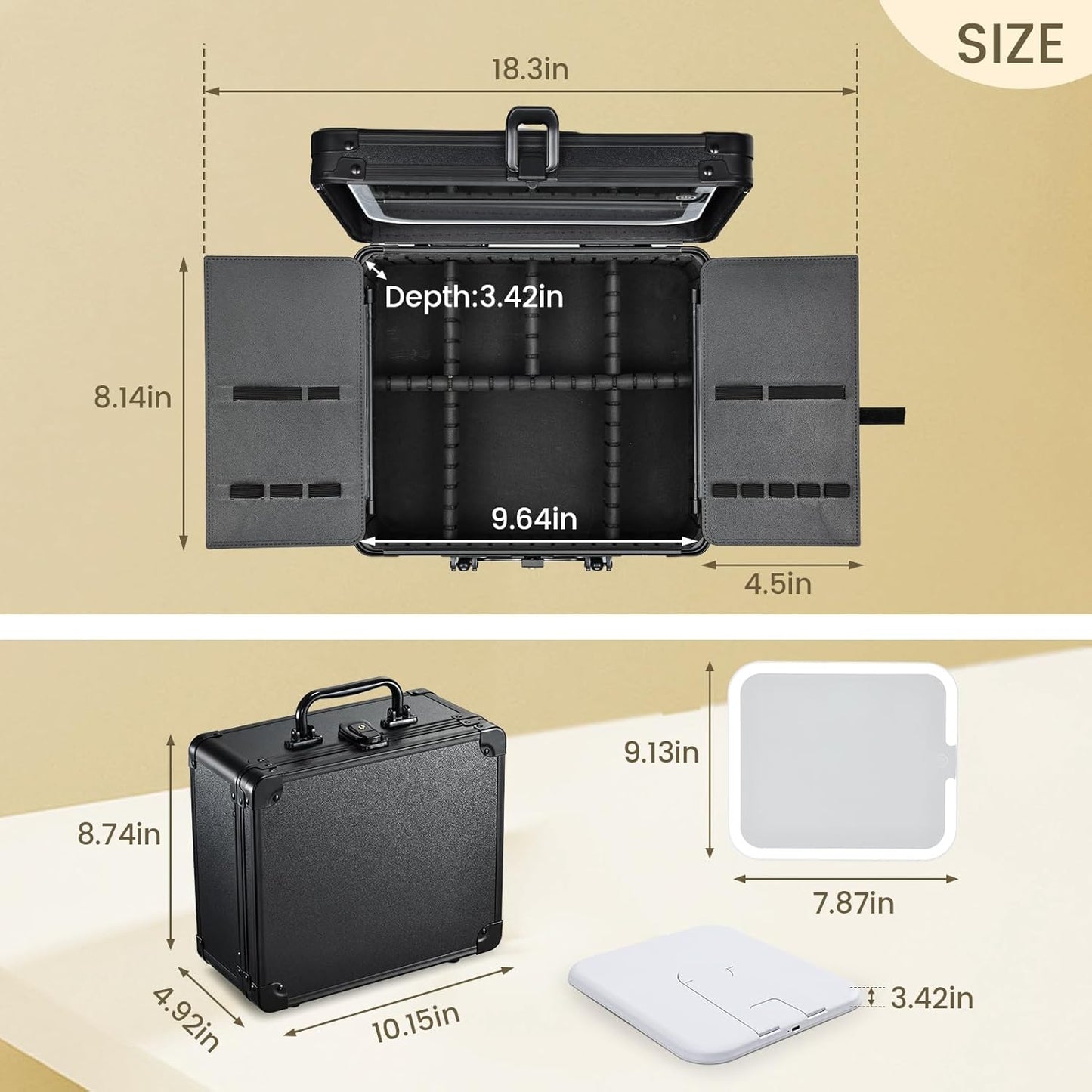 Makeup Organizer Case with Magnetic Lighted Mirror - Portable Vanity Box with LED Lighting, Lockable Keys & Dividers | Black