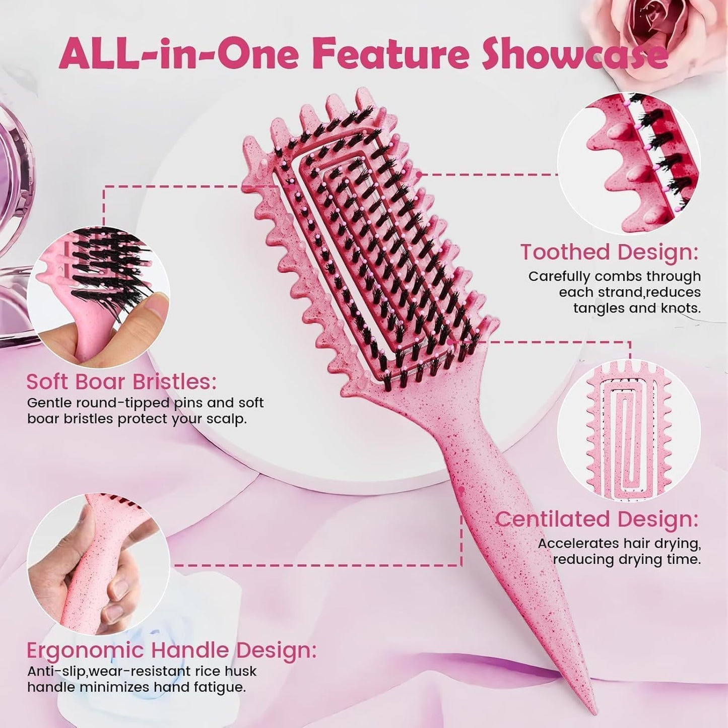 ABOYOY Curl Defining Brush with Side Gear for Curly Hair, Detangling & Styling Brush for Women Men, Lightweight Ergonomic Candy Brush Works on Wet or Dry Hair(Pink)