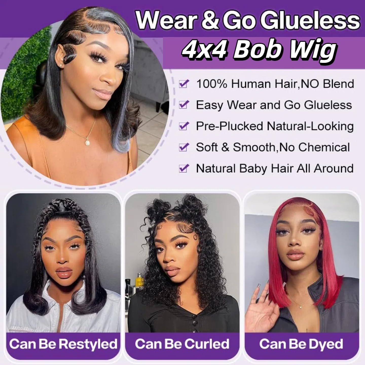 Perselene Wear and Go Glueless Bob Wig Human Hair Pre Plucked Pre Cut 4x4 HD Transparent Lace Front Wigs for Black Women Straight Short Bob Wigs Human Hair 180 Dentisty Natrual Color 10 Inch