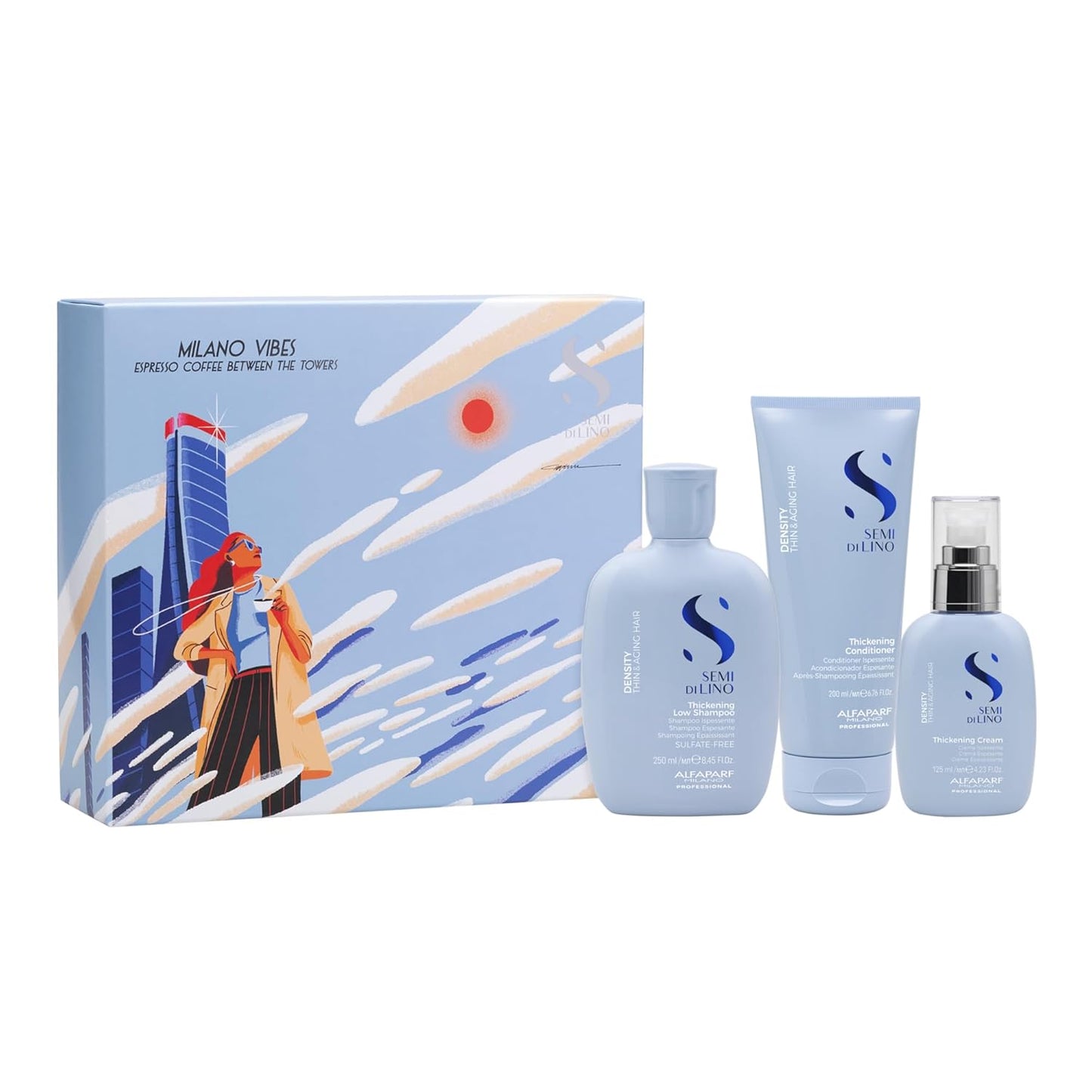 Alfaparf Milano Semi di Lino Density Gift Set | Thickening Shampoo, Conditioner & Leave-In Cream for Thin, Aging Hair - Sulfate Free
