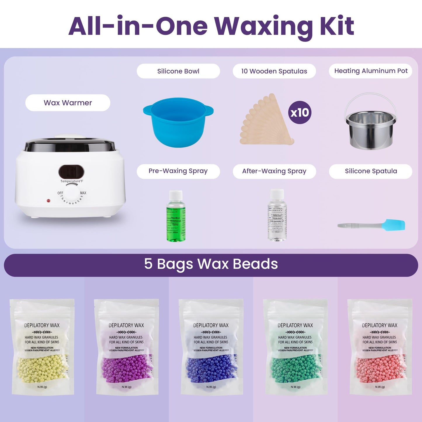 SUNVIVIPRO Wax Warmer Pot with 5 Bag Hard Wax Beads, Wax Kit Digital Hair Removal Waxing Kit for Women & Men, HotWax Melt Warmer Kit for Full Body, Legs, Face, Bikini,Sensitive skin, White