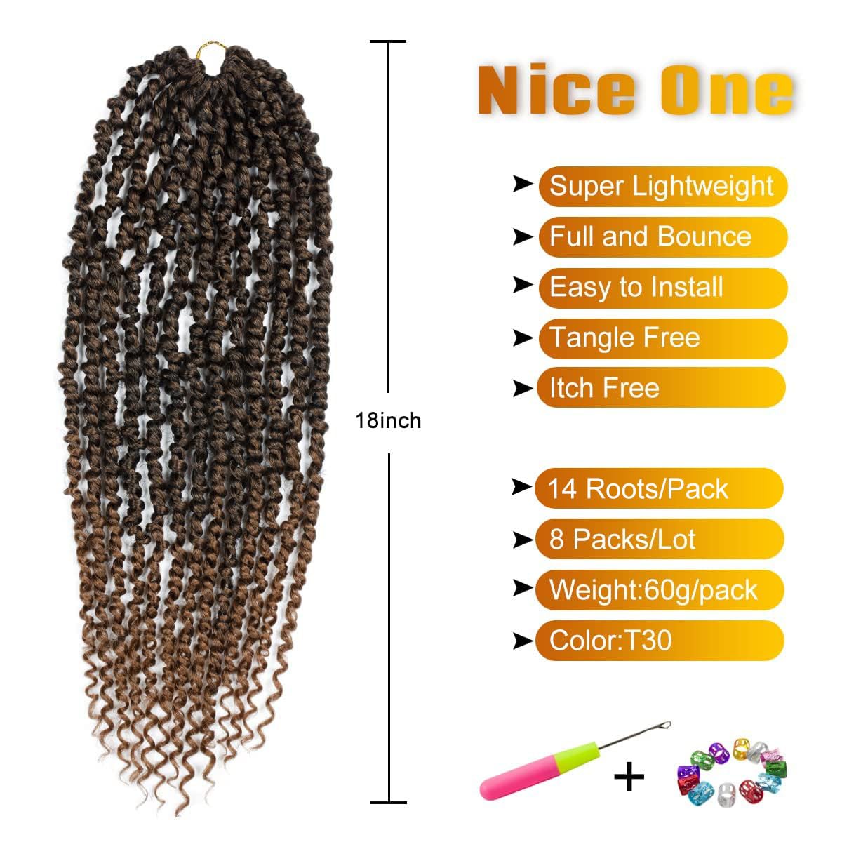 Nice One Pre-Twisted Passion Twist Hair 18 Inch, 112 Strands Long Passion Twist Crochet Hair for Women 8 Packs Pre-Looped Passion Twists Braiding Synthetic Hair Extensions (18 Inch (Pack of 8), T30)