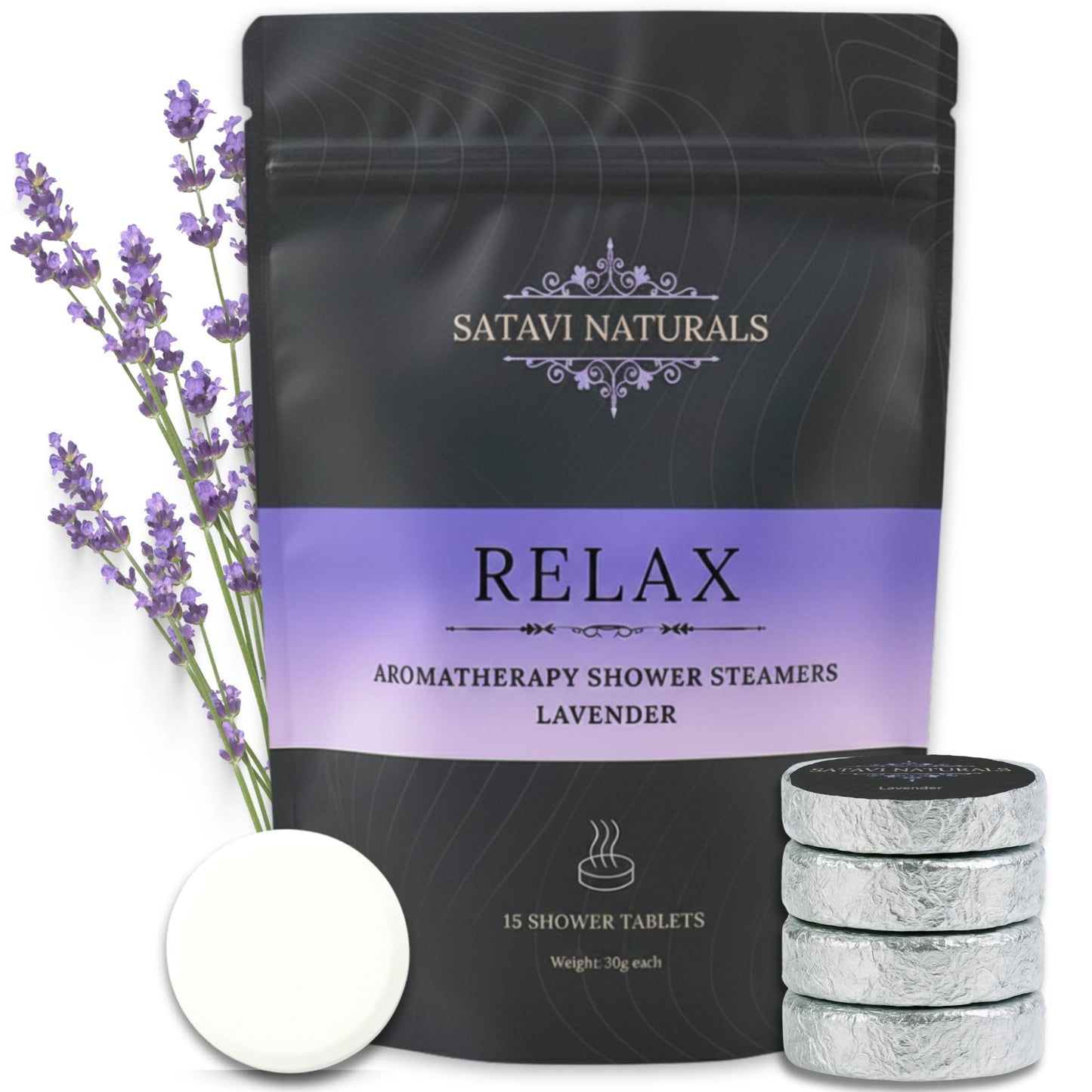 Satavi Naturals Lavender Shower Steamers (15-Pack) - Aromatherapy Valentine’s Day Gifts - Natural Essential Oil Spa Tablets for Relaxation & Stress Relief