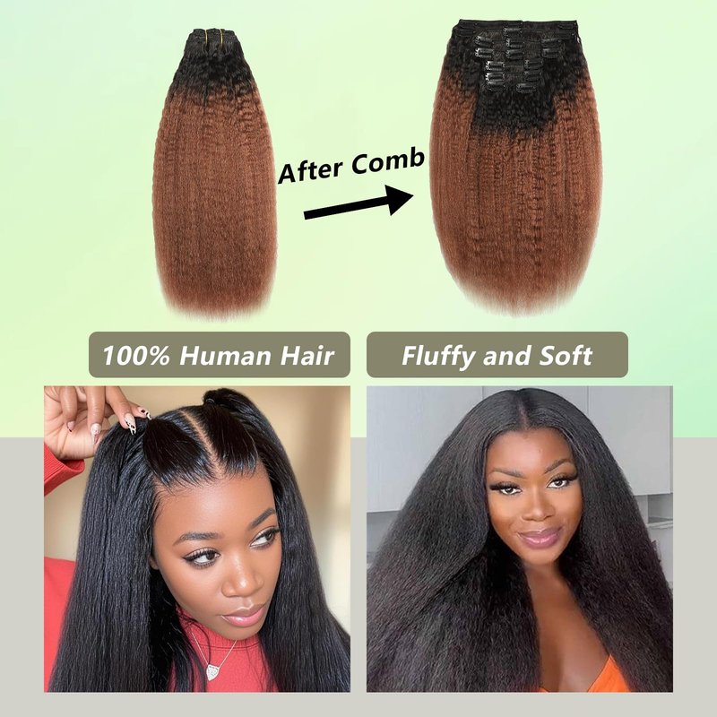 Yaki Straight Clip in Hair Extensions Real Human Hair T1B/4 Brown Kinky Straight Hair Clip ins for Women Invisible & Scalp-Friendly 8pcs with 18 Clips 120g Per Set (18 Inch)