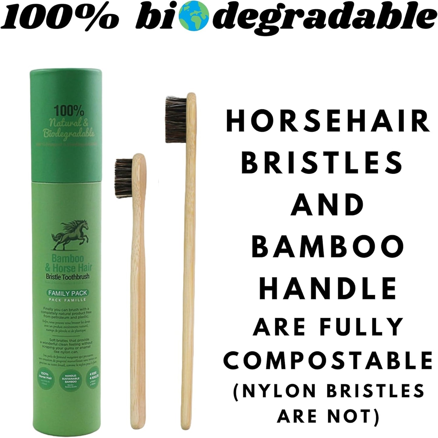 Natural Bamboo Toothbrush Family Pack | Eco-Friendly Horsehair Bristles - 4 Kids & 4 Adults - Compostable & Biodegradable