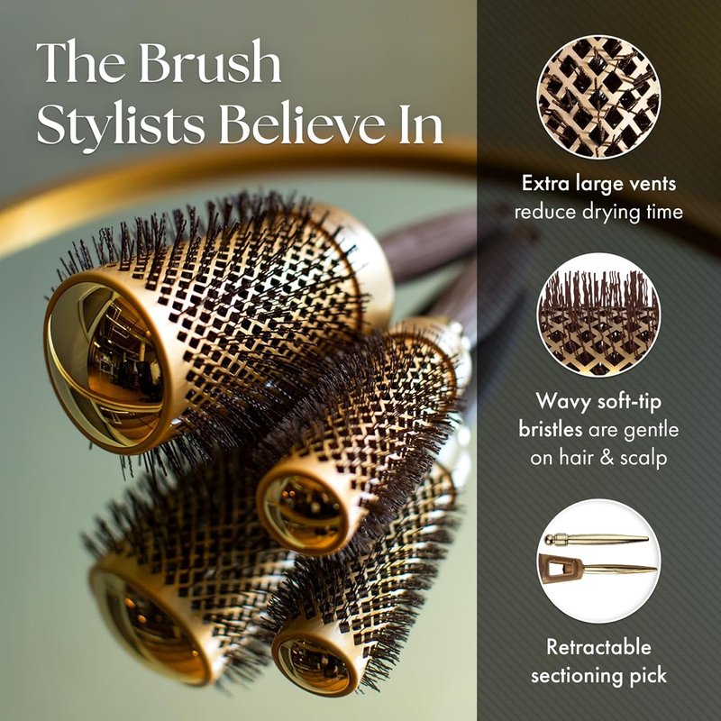 Olivia Garden NanoThermic Ceramic + Ion Round Thermal Hair Brush - Not Electrical - Professional Blowout Brush for Normal to Thick Hair, NT-82 3 1/4"