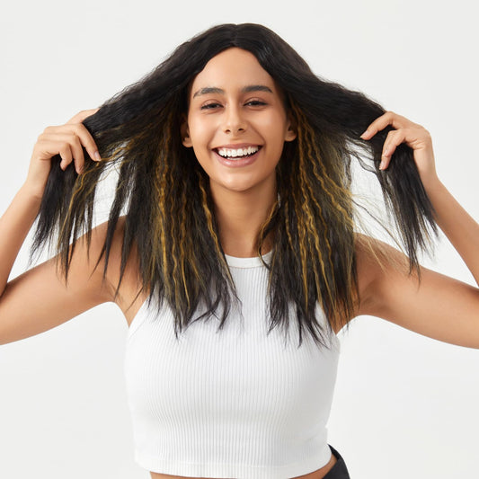 BrittyHair Yaki Straight Corn Silk Wig 18 Inch Yaki Crimped Waves Synthetic Yaki Wigs for Black Women Wear And Go Glueless Wig (#1B Natural Black, 18 Inch)