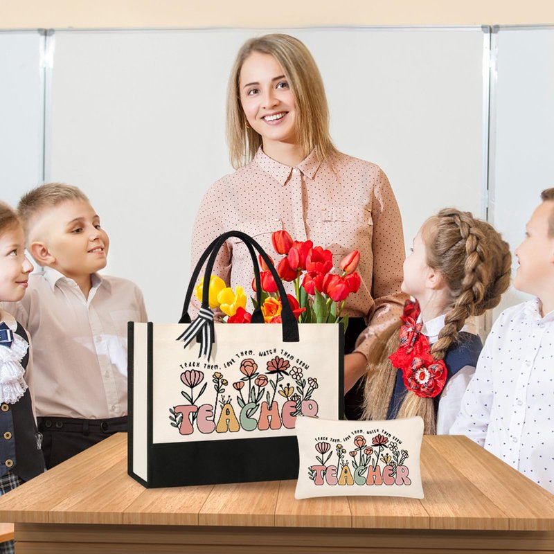 Tecanne Teacher Appreciation Gifts for Women, Canvas Tote Bag and Makeup Bag Set for Women (4 Sets)