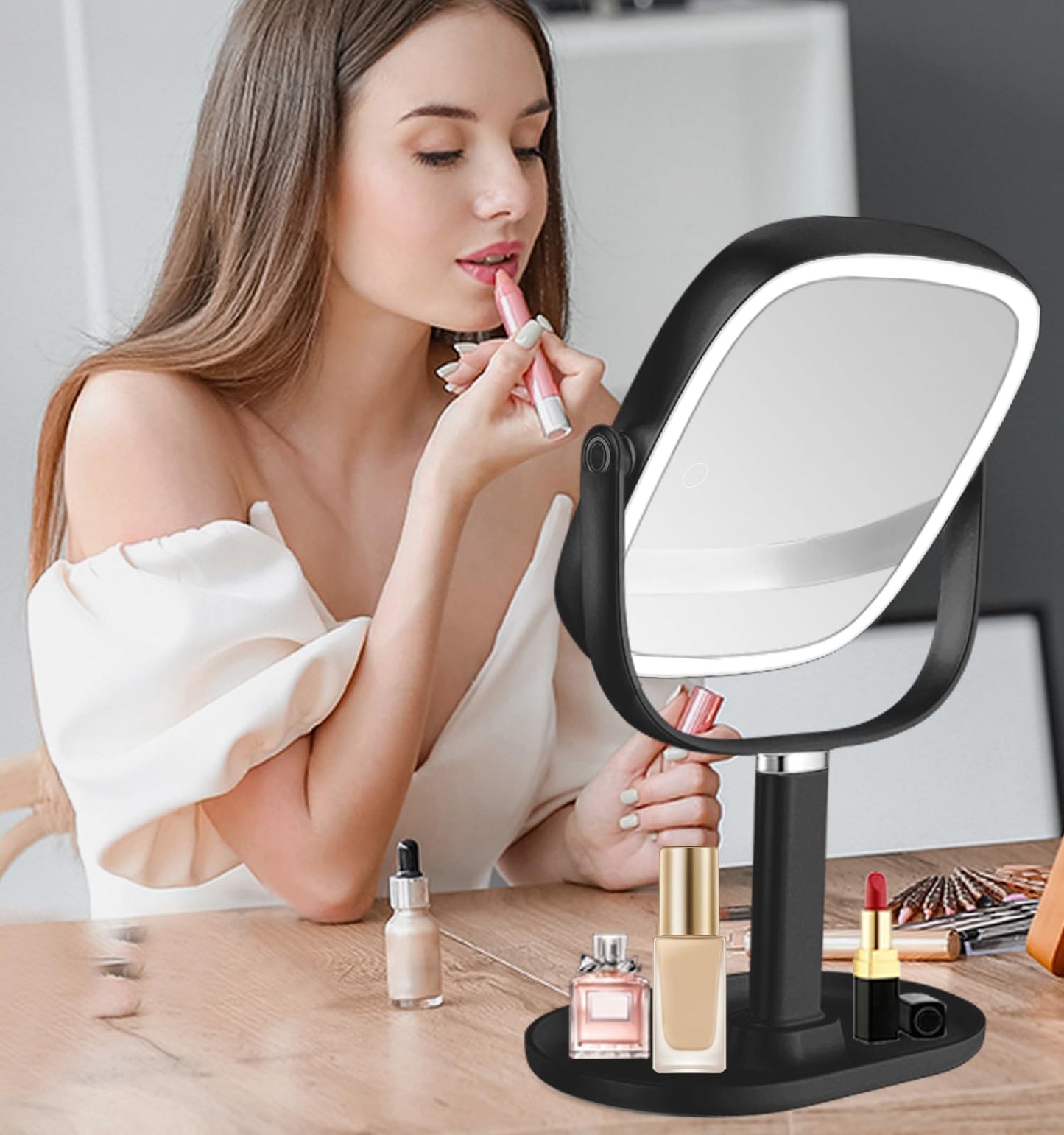Vanmirr Height Adjustable Lighted Makeup Mirror with Magnification-Black