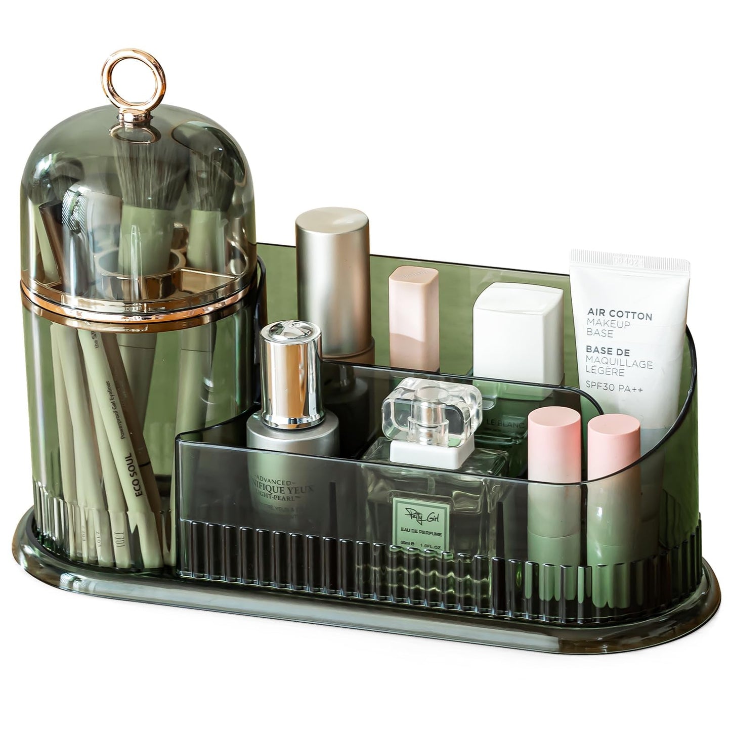 CANITORON Makeup Organizer for Vanity, Skincare Organizer With Brush Holder, Partitioned Storage Cosmetic Display Cases for Bedroom Countertop and Bathroom Storage - CB-Green